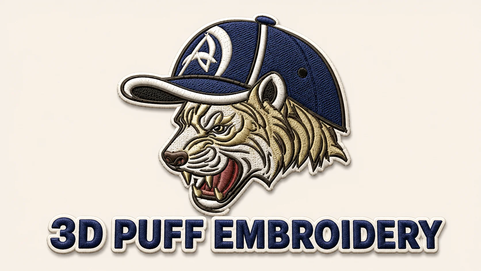 3D puff embroidery wolf patch wearing a navy cap - psa digitizing
