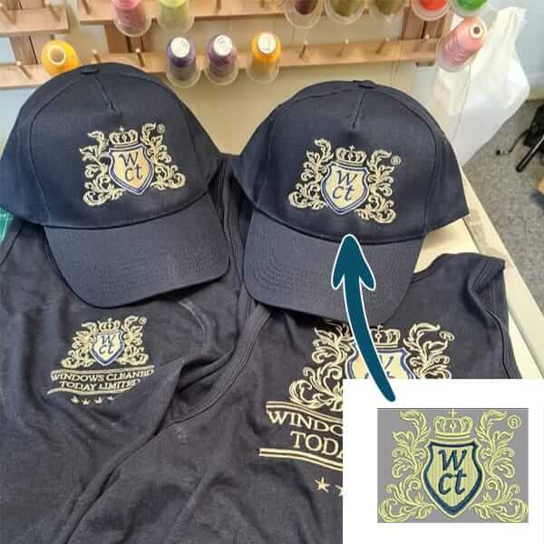 Custom crest embroidery on caps and shirts