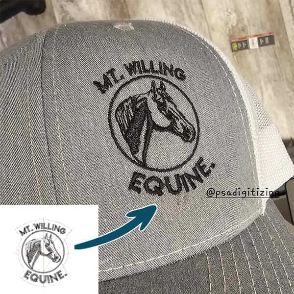 Custom horse embroidery digitizing on gray cap