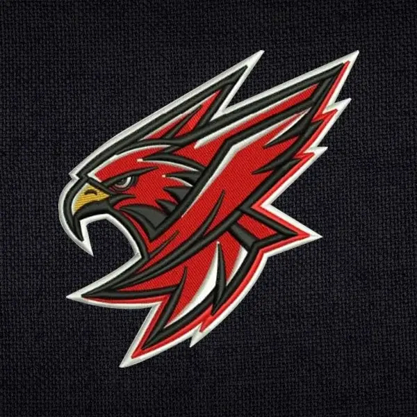 Red eagle embroidered design on black fabric
